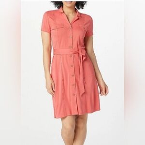 Isaac Mizrahi Coral Midi Camp Dress with Tie Waist